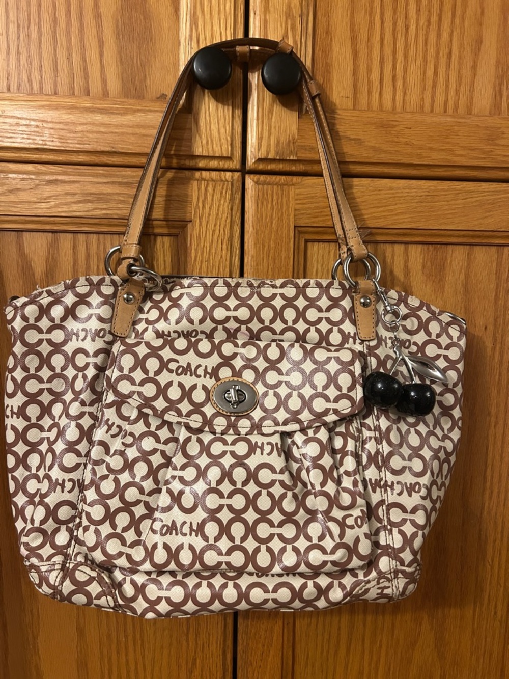 Coach Logo Shoulder Tote in Beige and Brown